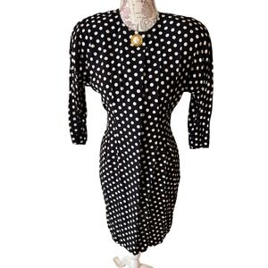 Vintage ED MICHAELS‎ 8P Black White Polka Dot Button Front Dress